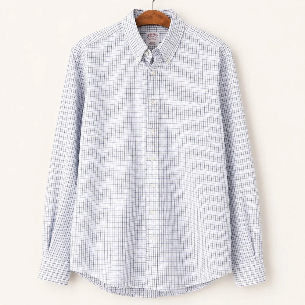 Brooks Brothers Shirt Mens Neck 16 (L) Cotton Blue Plaid Non Iron Office Preppy